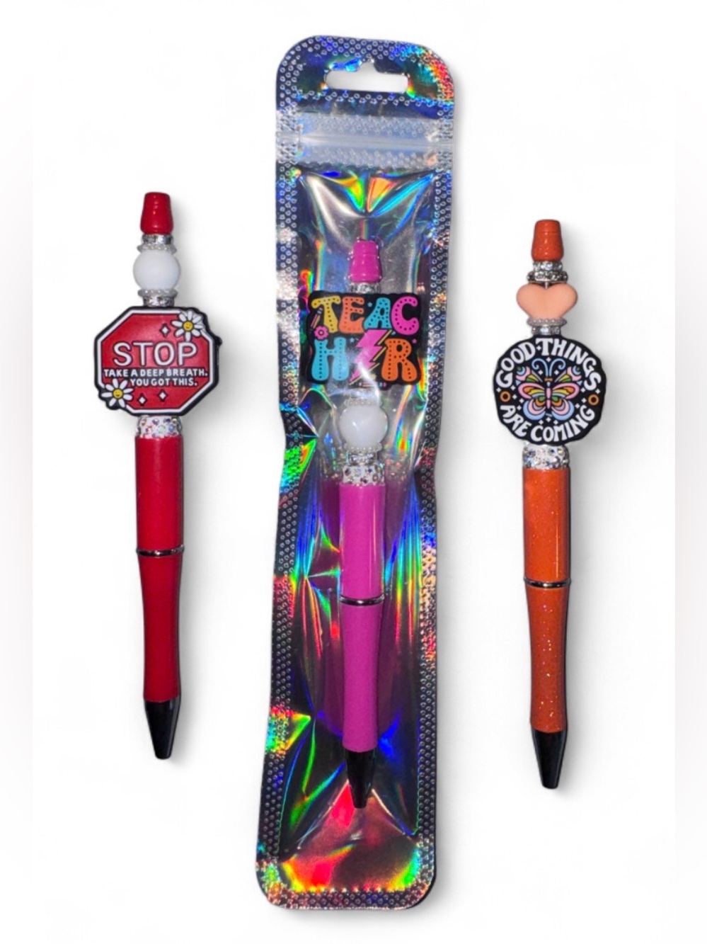 NWT Motivational Ball Point Beaded Pens Buy 2 Get 1 FREE! 3 Pens+3 Ink Refills